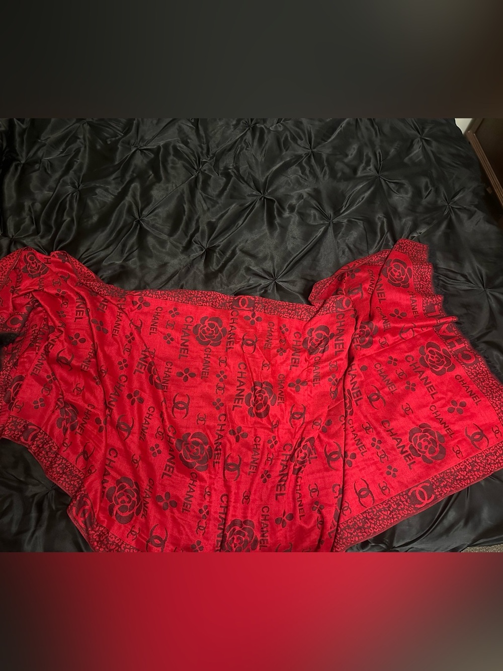 CHANEL Red and Black Logo Camellia Scarf